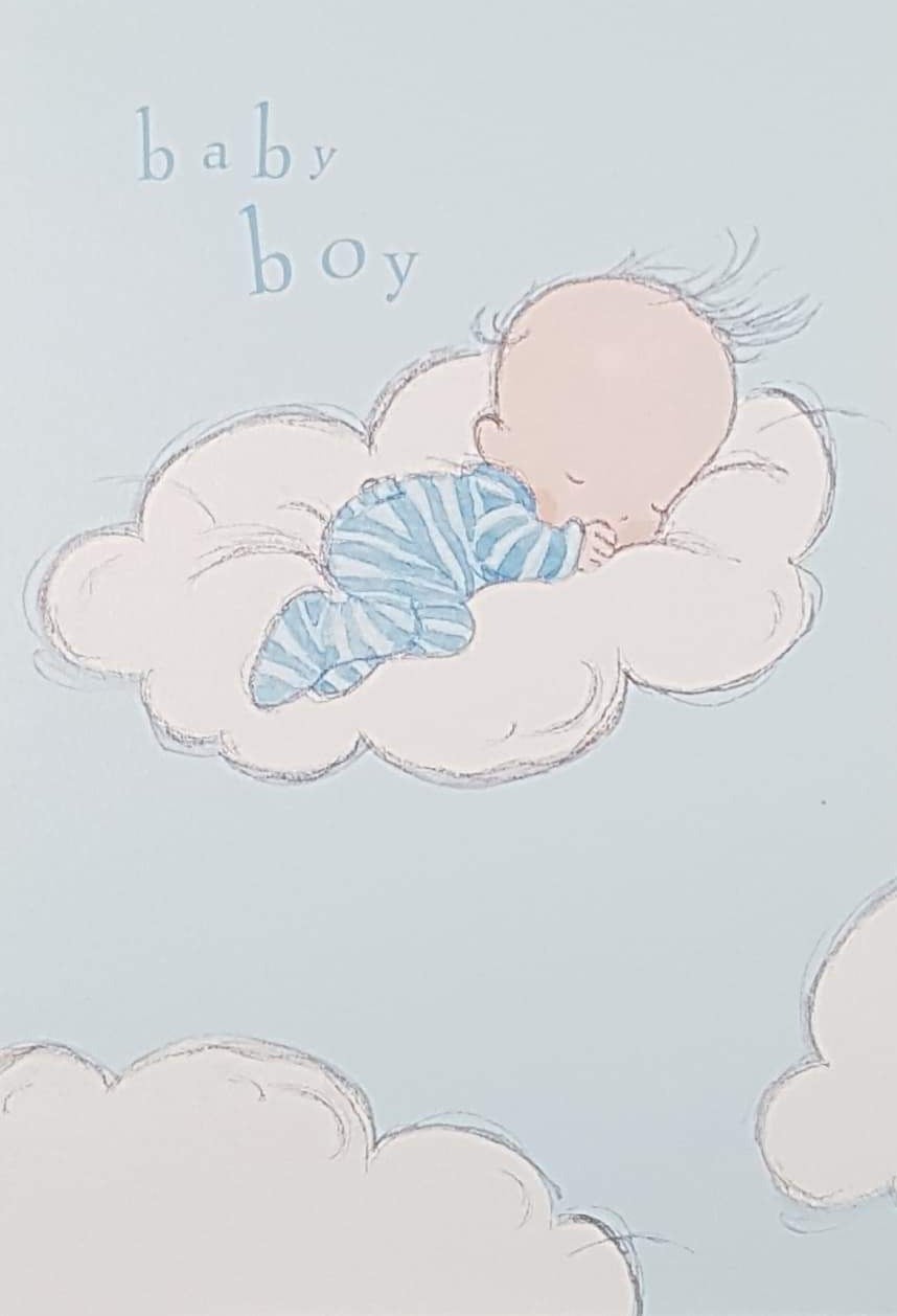 New Baby Card - Boy / Little Boy Sleeping On The Cloud