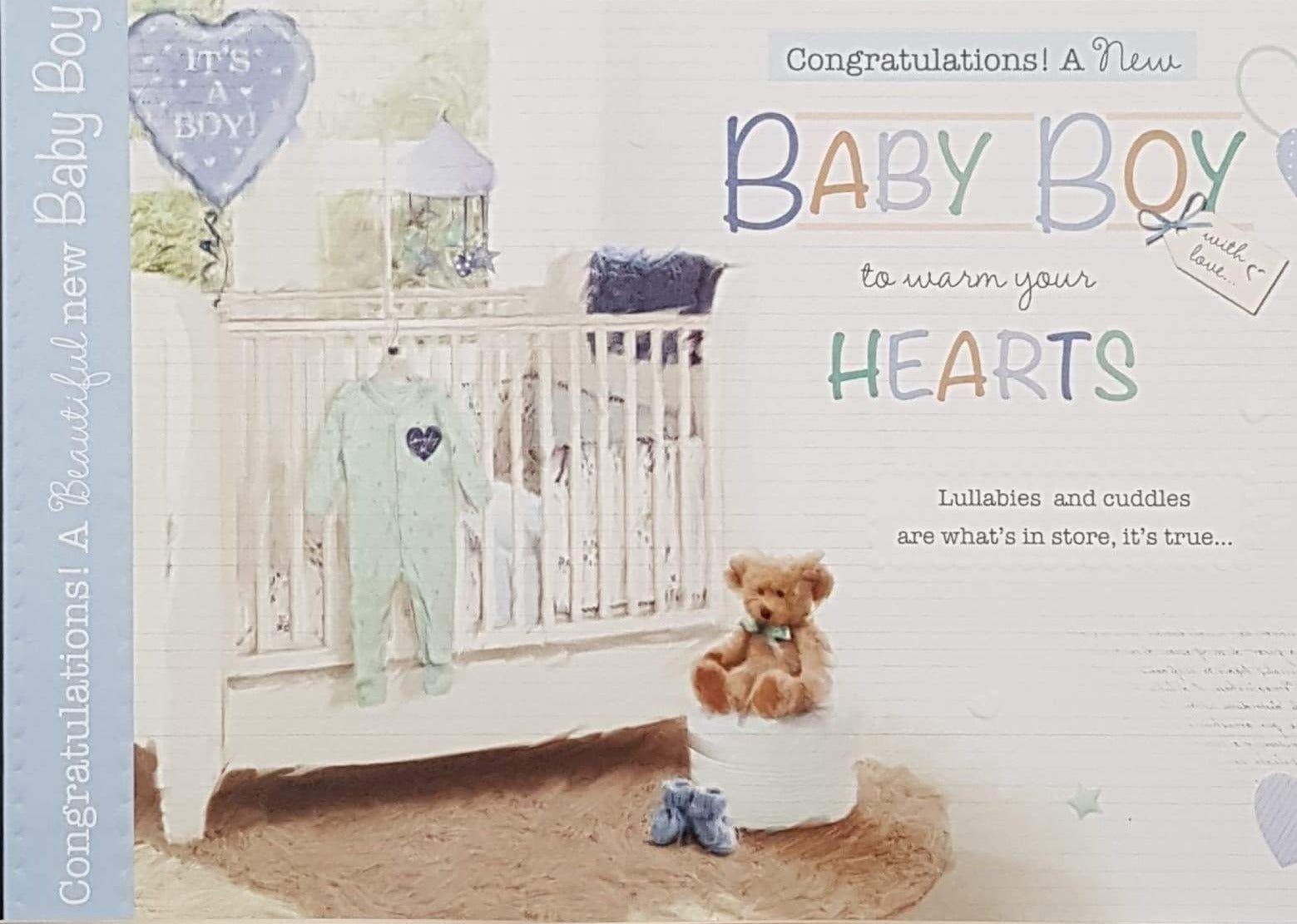 New Baby Card - Boy / Heart - A Shaped Blue Balloon & A Teddy Bear Wearing A Blue Bow