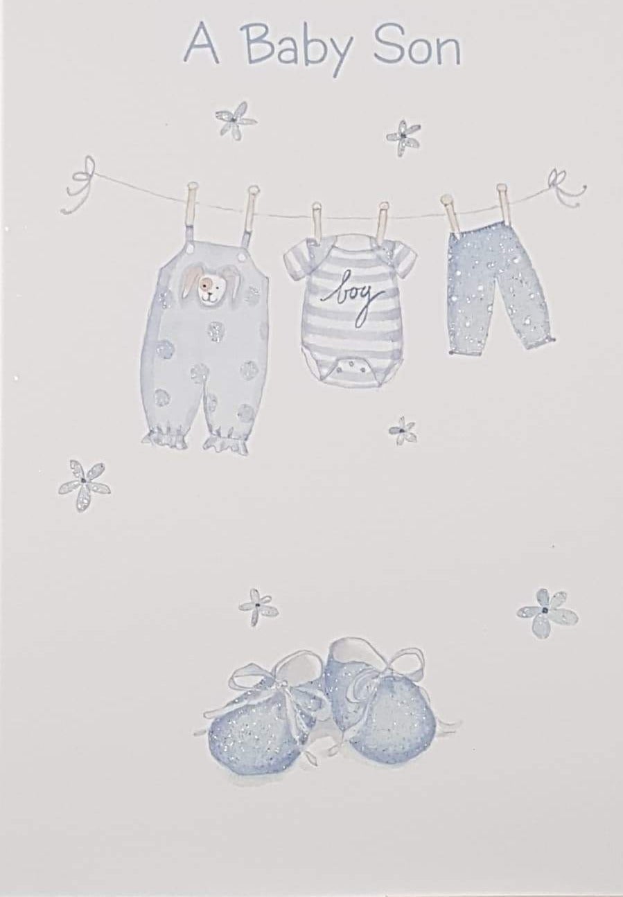 New Baby Card - Boy (Son) / Boy's Clothes Hanging On The String To Let Them Dry