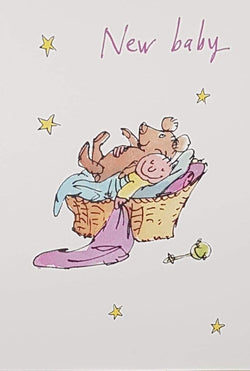 New Baby Card - Little One Sleeping In The Basket & Stars