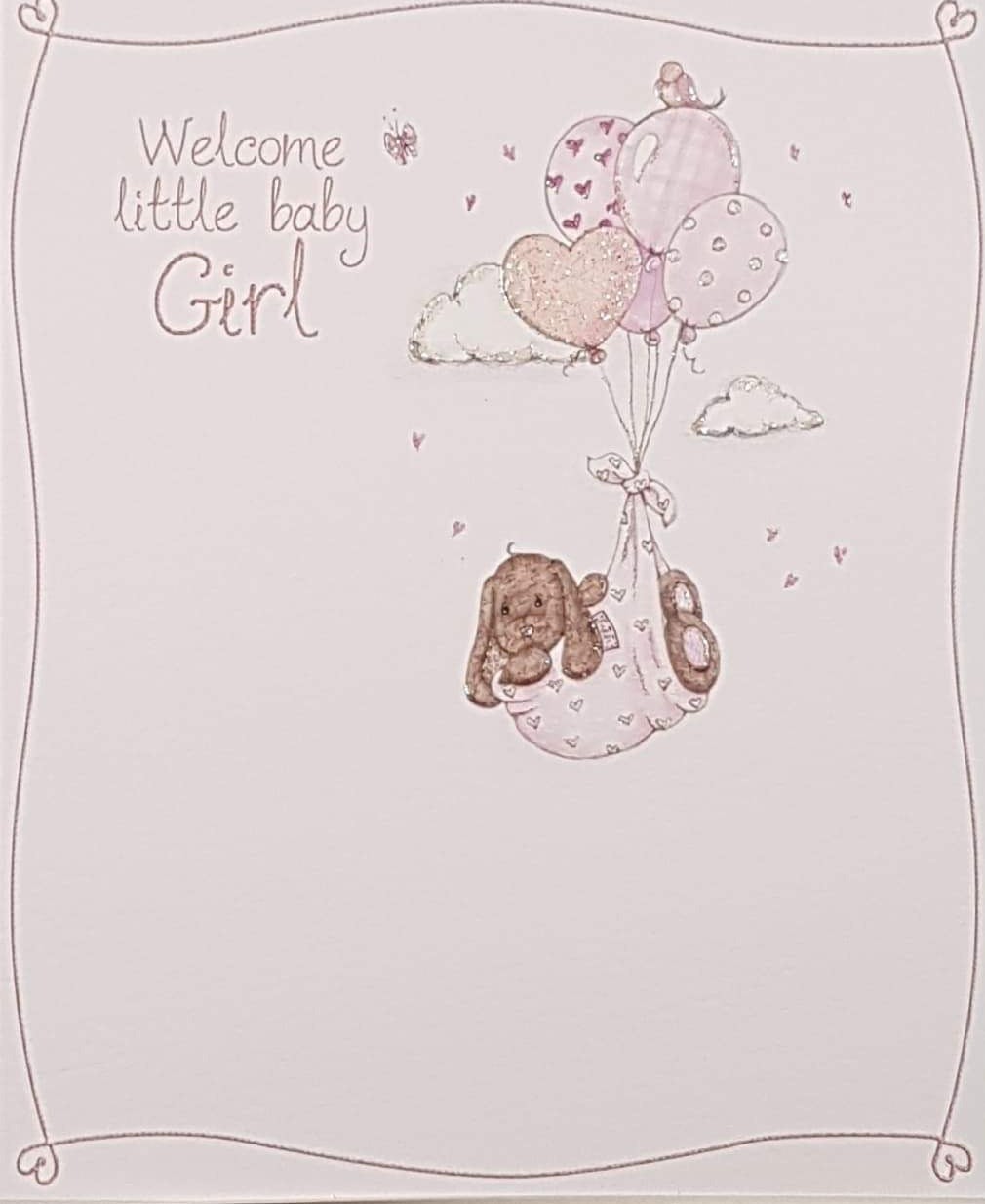 New Baby Card - Girl / A Small Bird Sitting On The Flying Pink Balloons Holding A Bunny