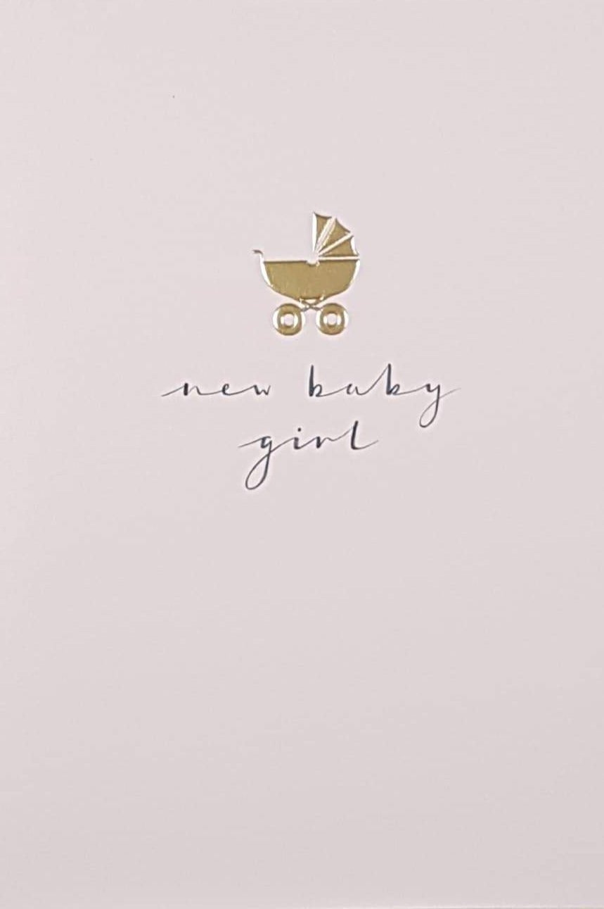 New Baby Card - Girl / A Gold Small Buggy & A Pink Front