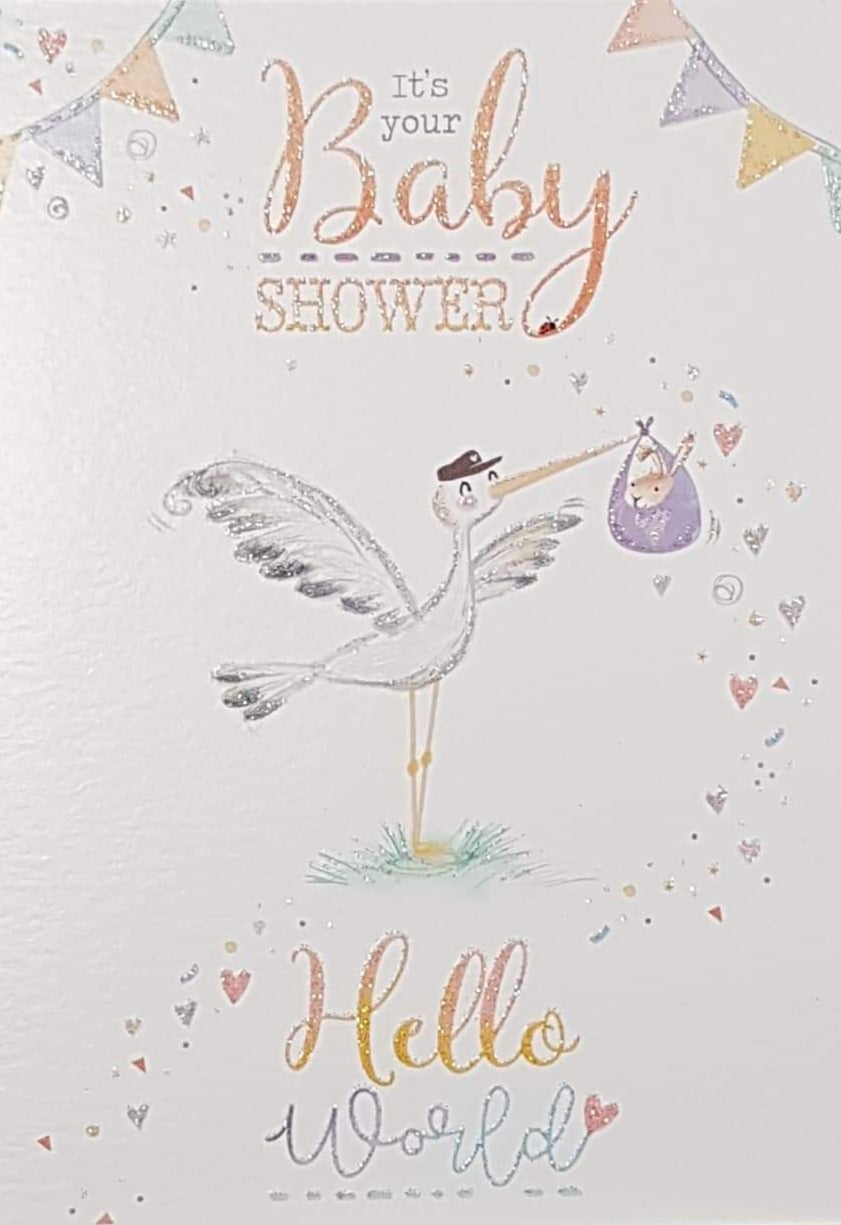 New Baby Card - Baby Shower / A Stork Holding A Purple Bag With A New Baby