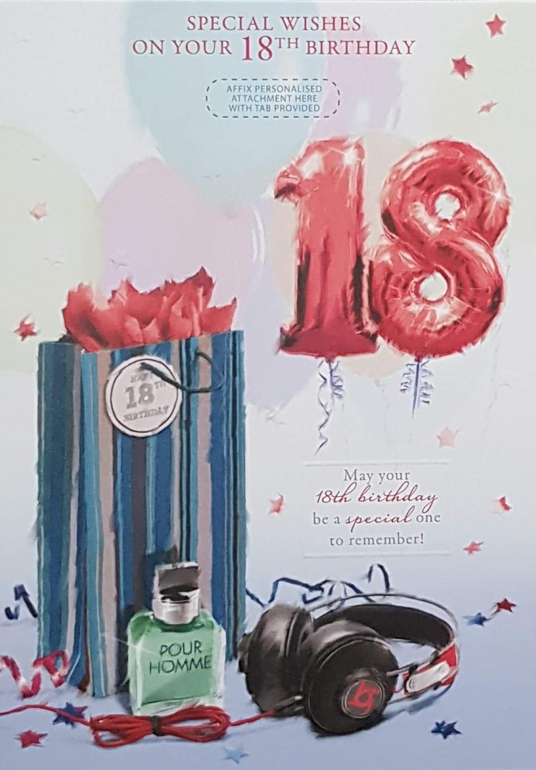 Personalised Card - Age 18 Birthday / Red Balloons No '18' & Black Headphones (For Him)