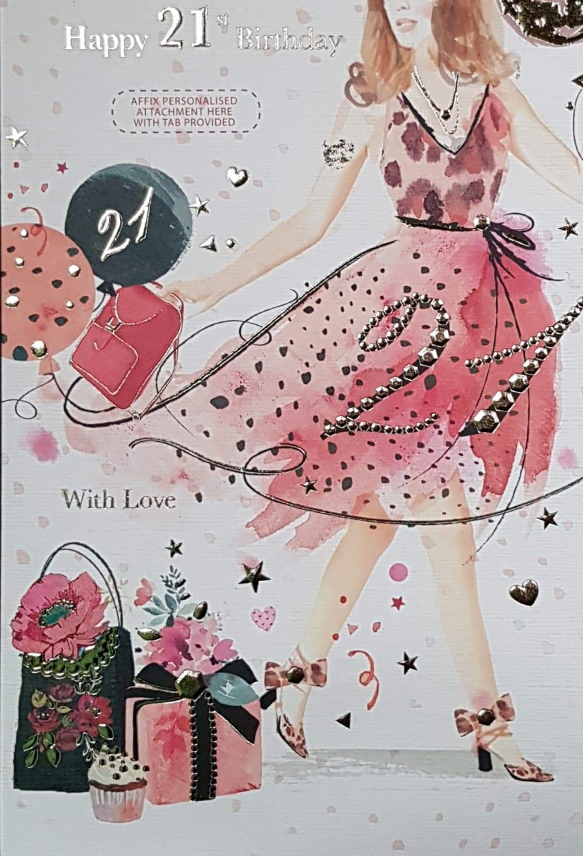 Personalised Card - Age 21 Birthday / A Lady In A Pink Dress & A Cupcake Beside Gift Bags
