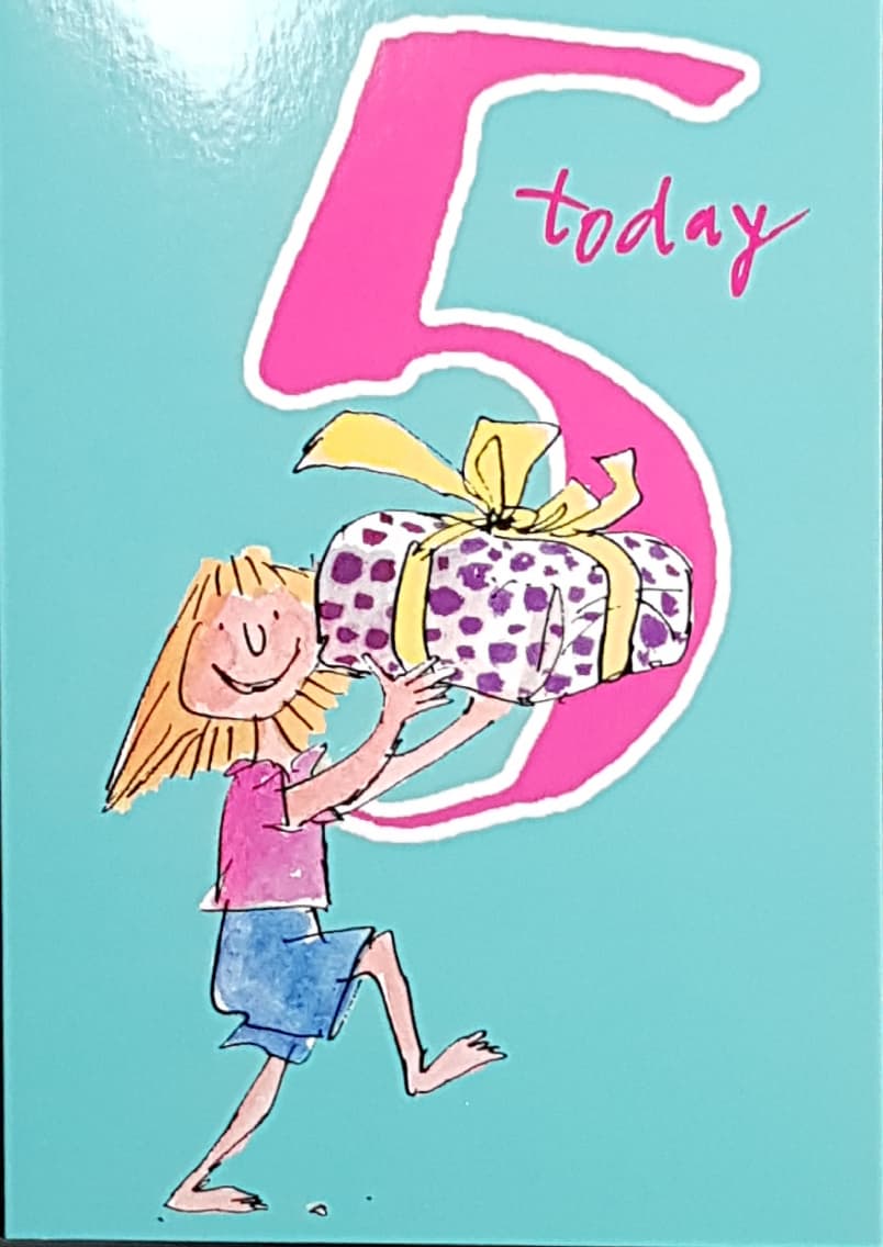 Age 5 Birthday Card - A Girl In Blue Shorts & Pink Top Holding Up A Gift