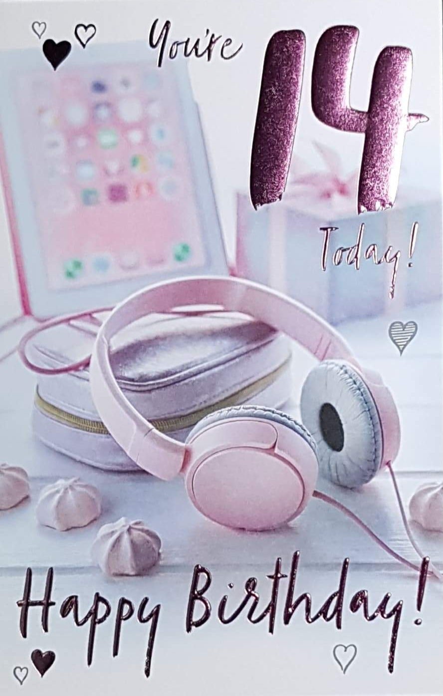 Age 14 Birthday Card - Pink Headphones On The Desk