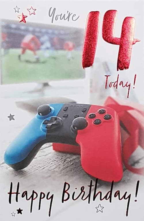 Age 14 Birthday Card - A Game Controller & A Football Game On The Screen In The Back