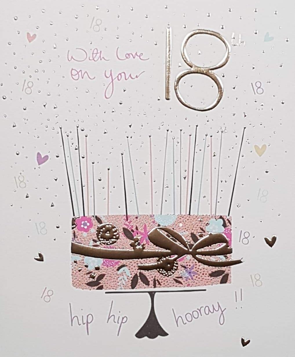 Age 18 Birthday Card - A Birthday Cake With A Shiny Gold Bow
