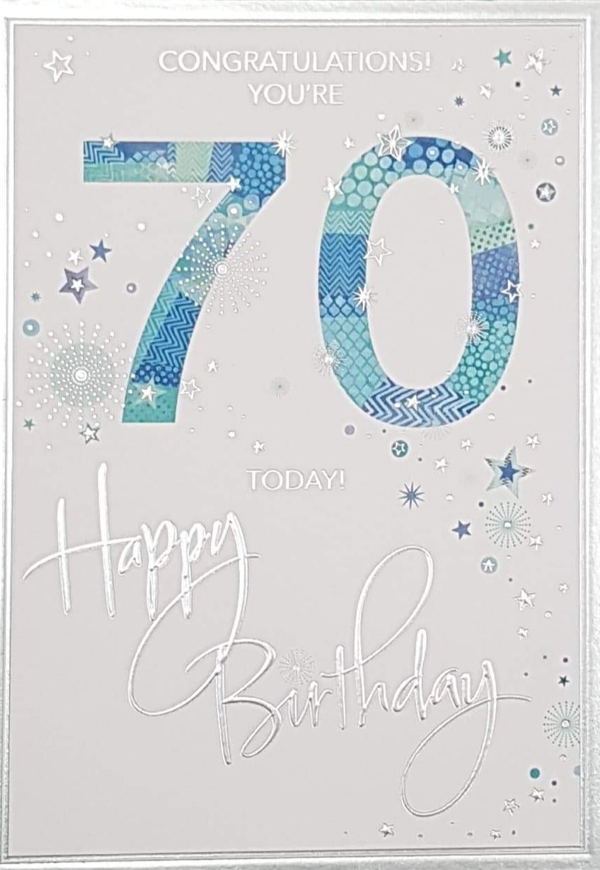 Age 70 Birthday Card - Blue '70' & A Silver Frame
