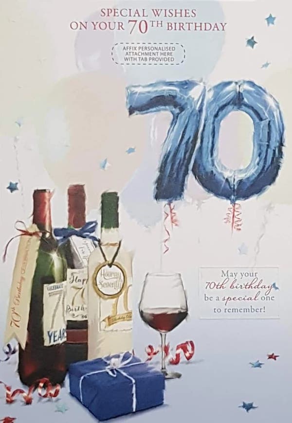 Personalised Card - Age 70 Birthday / Blue Balloons '70' & Three Bottles Of Wine