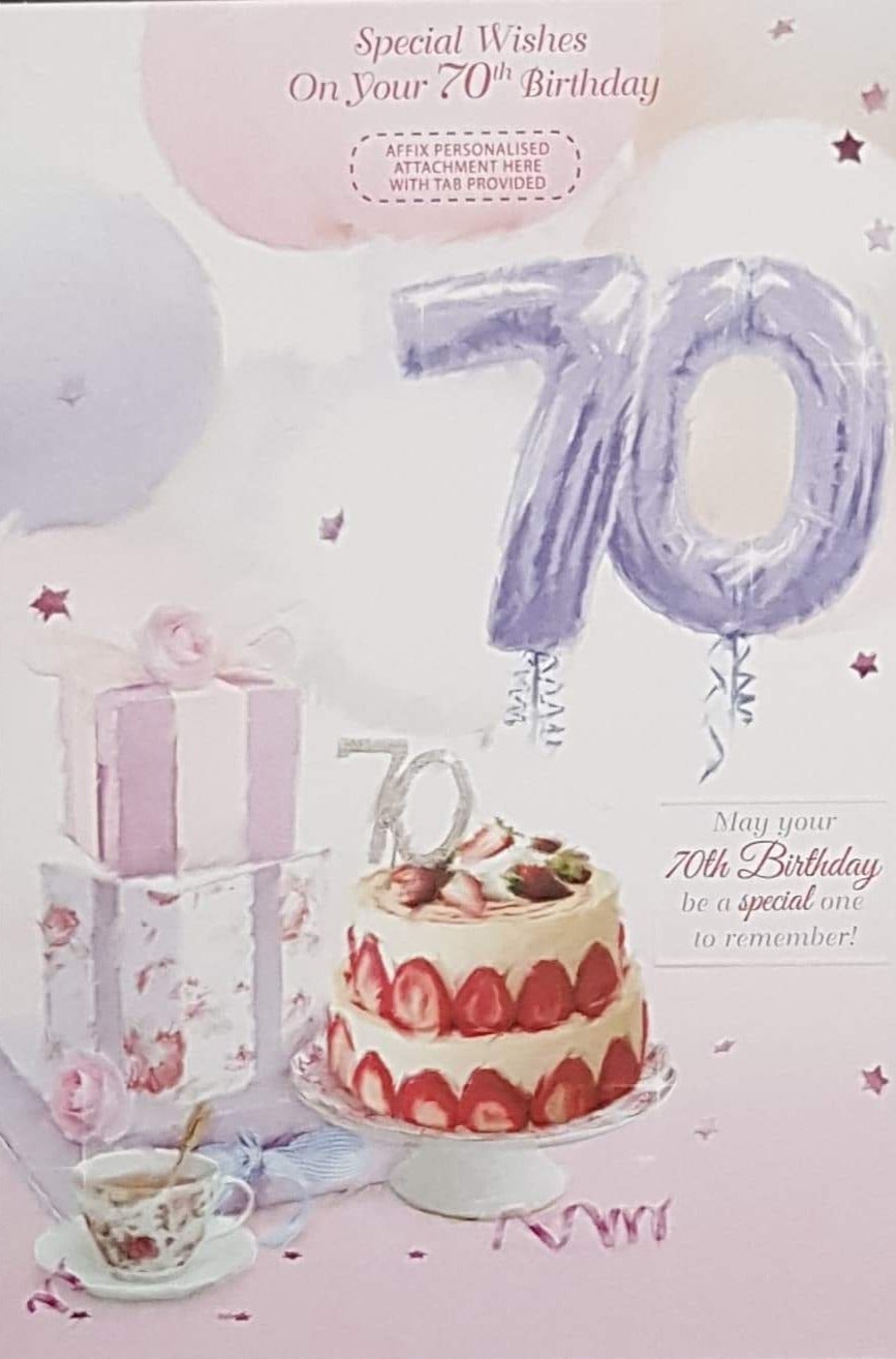 Personalised Card - Age 70 Birthday / Lilac Balloons '70' & A Strawberry Birthday Cake