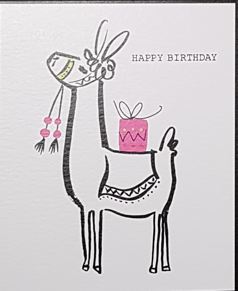 Birthday Card - A Cartoon Lama Holding A Pink Gift On Her Neck