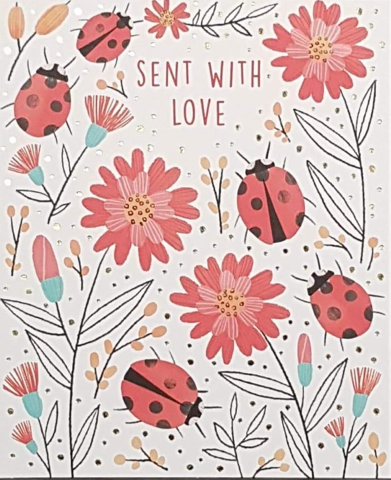 Birthday Card - General / Five Ladybirds Between Red Flowers