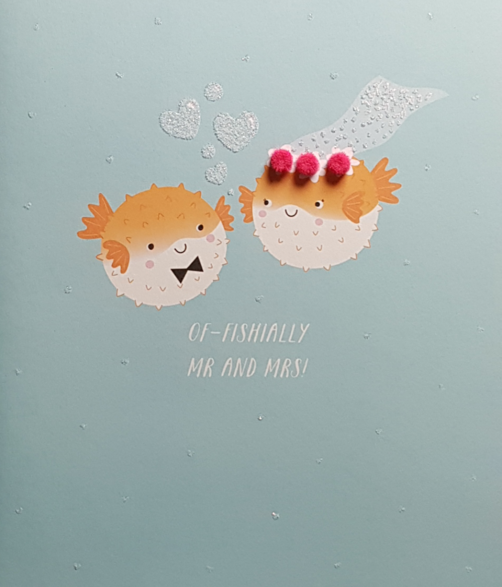 Wedding Card - Funny / Of-Fishially Mr And Mrs & Two Pufferfishes With Heart Bubbles