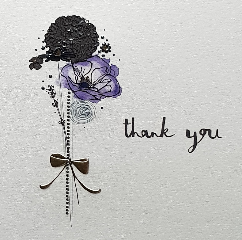 Thank You Card - Purple & Black Flowers With A Gold Bow