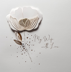 Wife Birthday Card - A Pretty White Flower & Gold Hearts