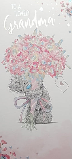 Birthday Card - Grandma / Teddy Bear Holding A Giant Pink Bouquet