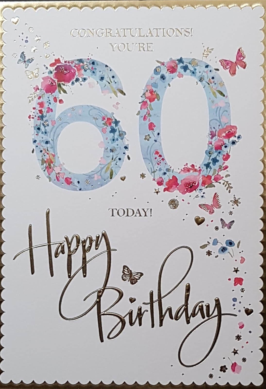 Age 60 Birthday Card - Blue Digits Decorated With Red Flowers & Butterflies