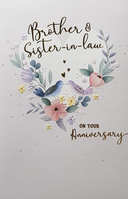 Anniversary Card - Brother & Sister-In-Law - A Pink & Purple Floral Heart & Love Birds