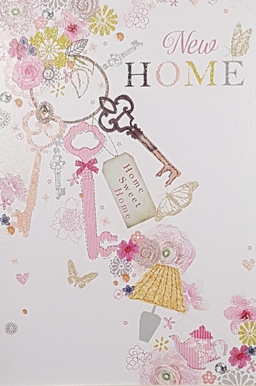 New Home Card - Set Of Keys & A Sparkly Floral Design