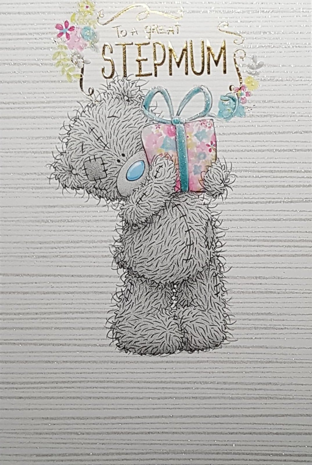 Birthday Card - Step Mum / Fuzzy Teddy Bear Holding A Pink & Blue Gift Box