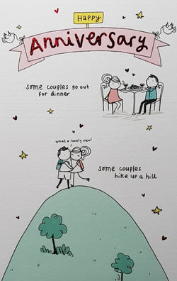 Anniversary Card - Funny / Pink Banner & Cartoon Couple On A Hill