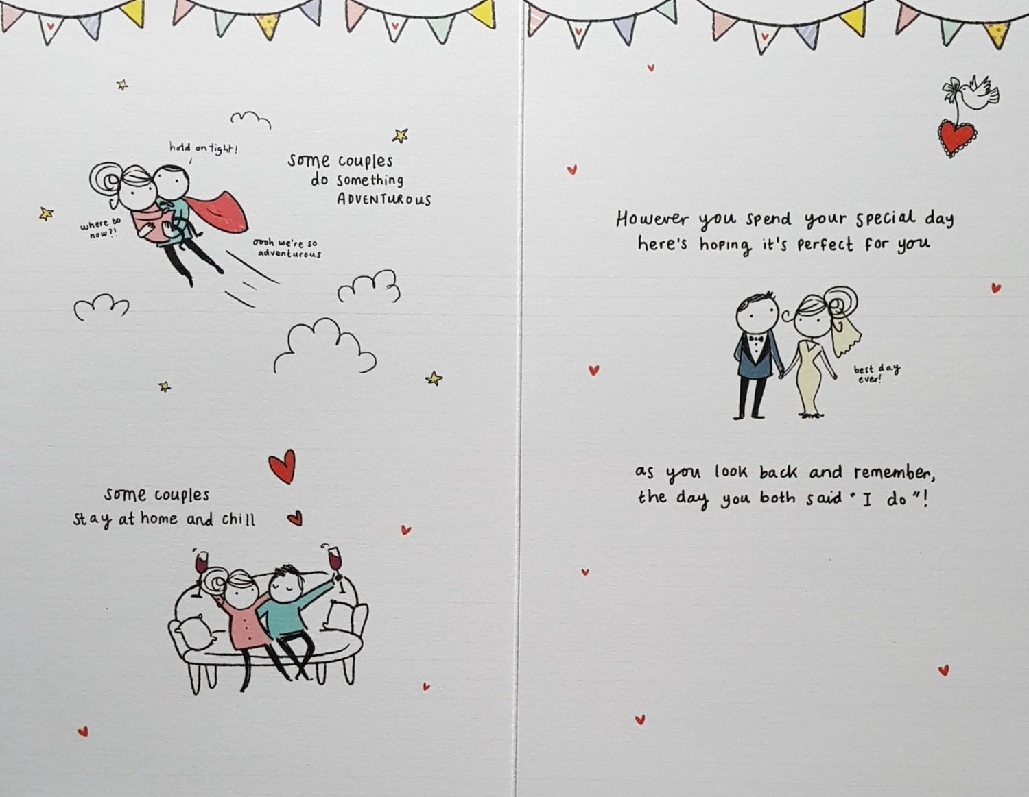 Anniversary Card - Funny / Pink Banner & Cartoon Couple On A Hill