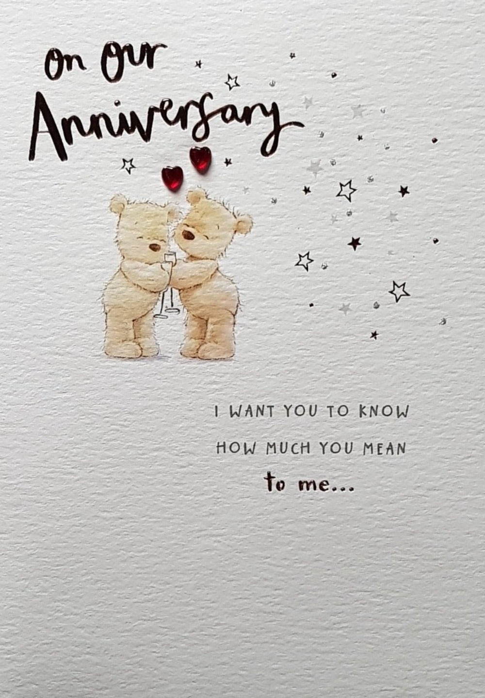 Anniversary Card - Our Anniversary / Two Hearts Above Cutie Teddies
