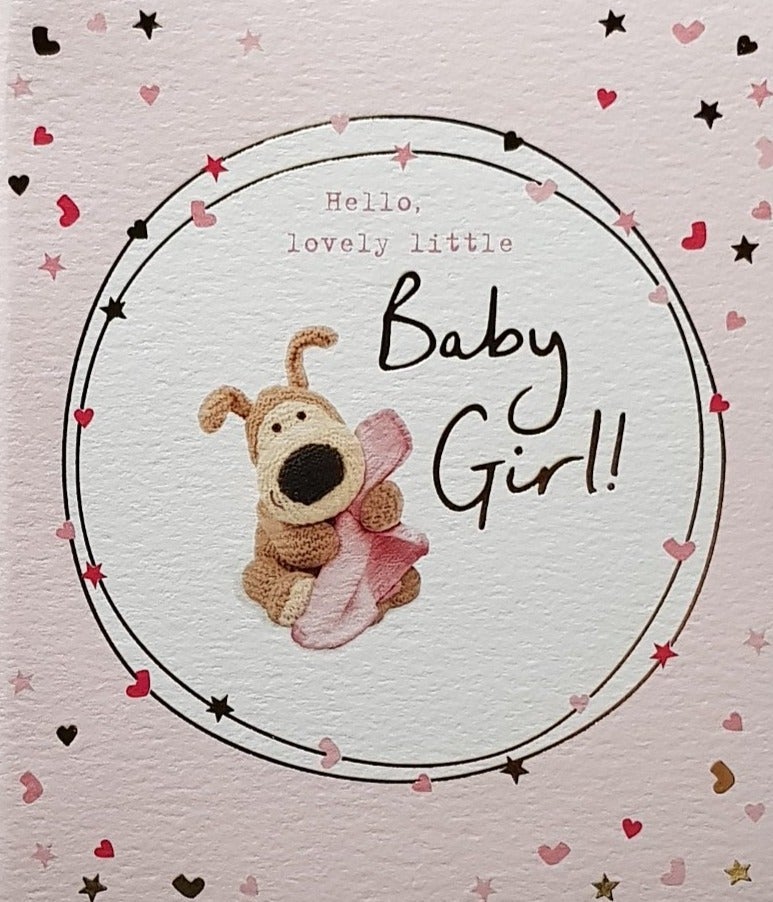 New Baby Card - Girl / Cute Dog Holding A Pink Blanket Sitting In A White Circle