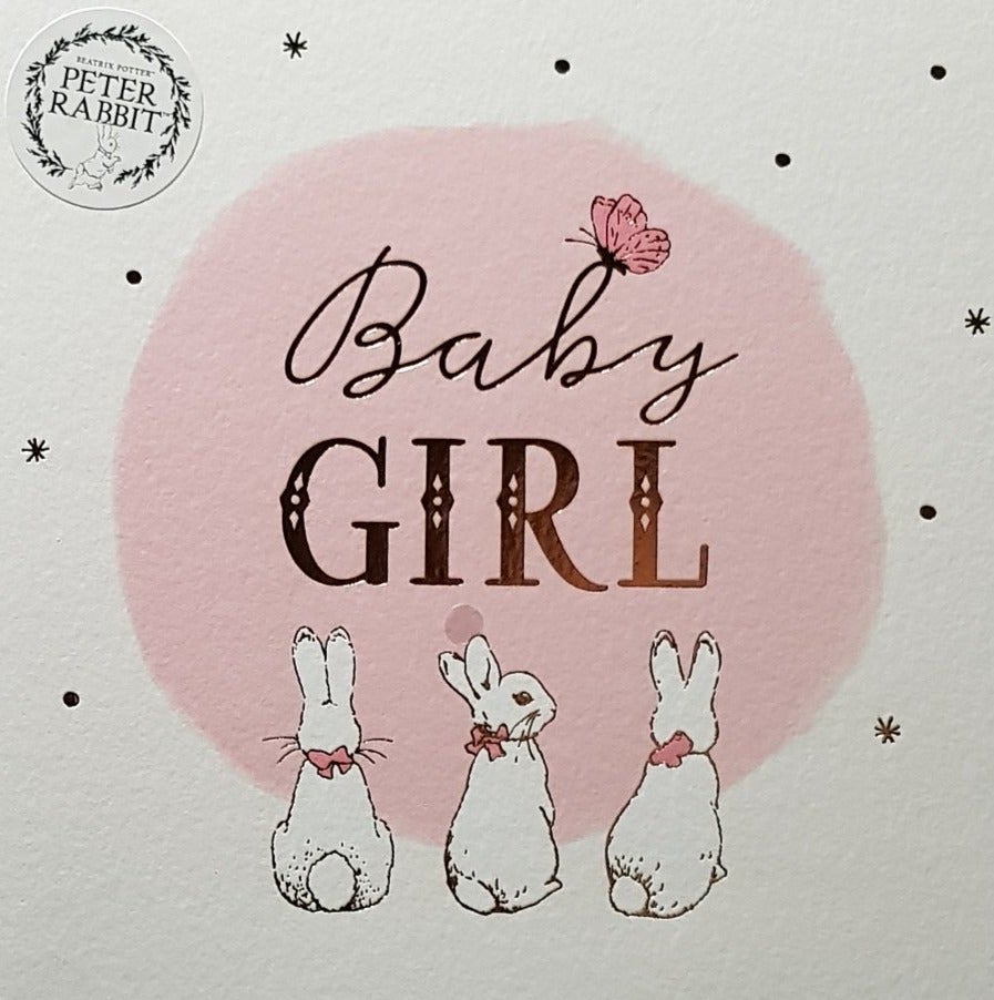 New Baby Card - Girl / Three Little Bunnies Wearing Pink Bows