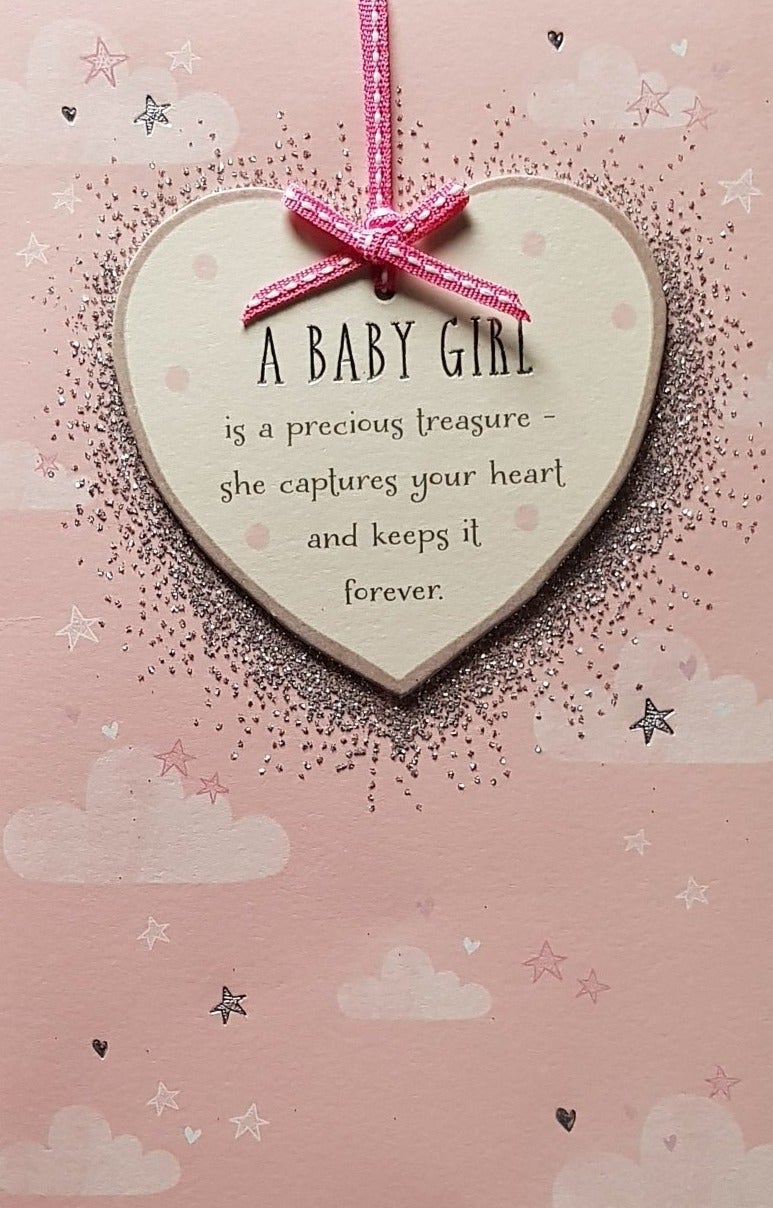 New Baby Card - Girl / Heart-Shaped Label Sticks On The Pink Bow