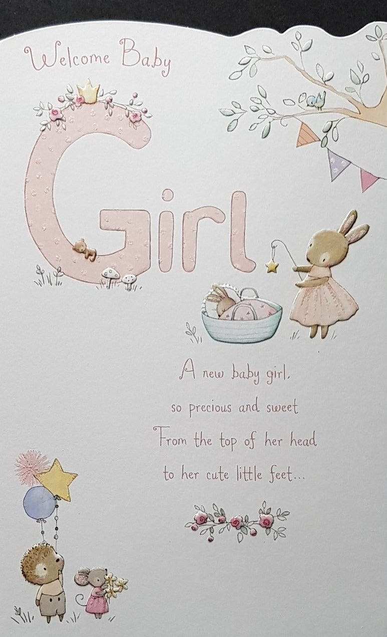 New Baby Card - Girl / Bunny Is Playing With The Bunny Toddler & Teddy Sleeps On The Letter G