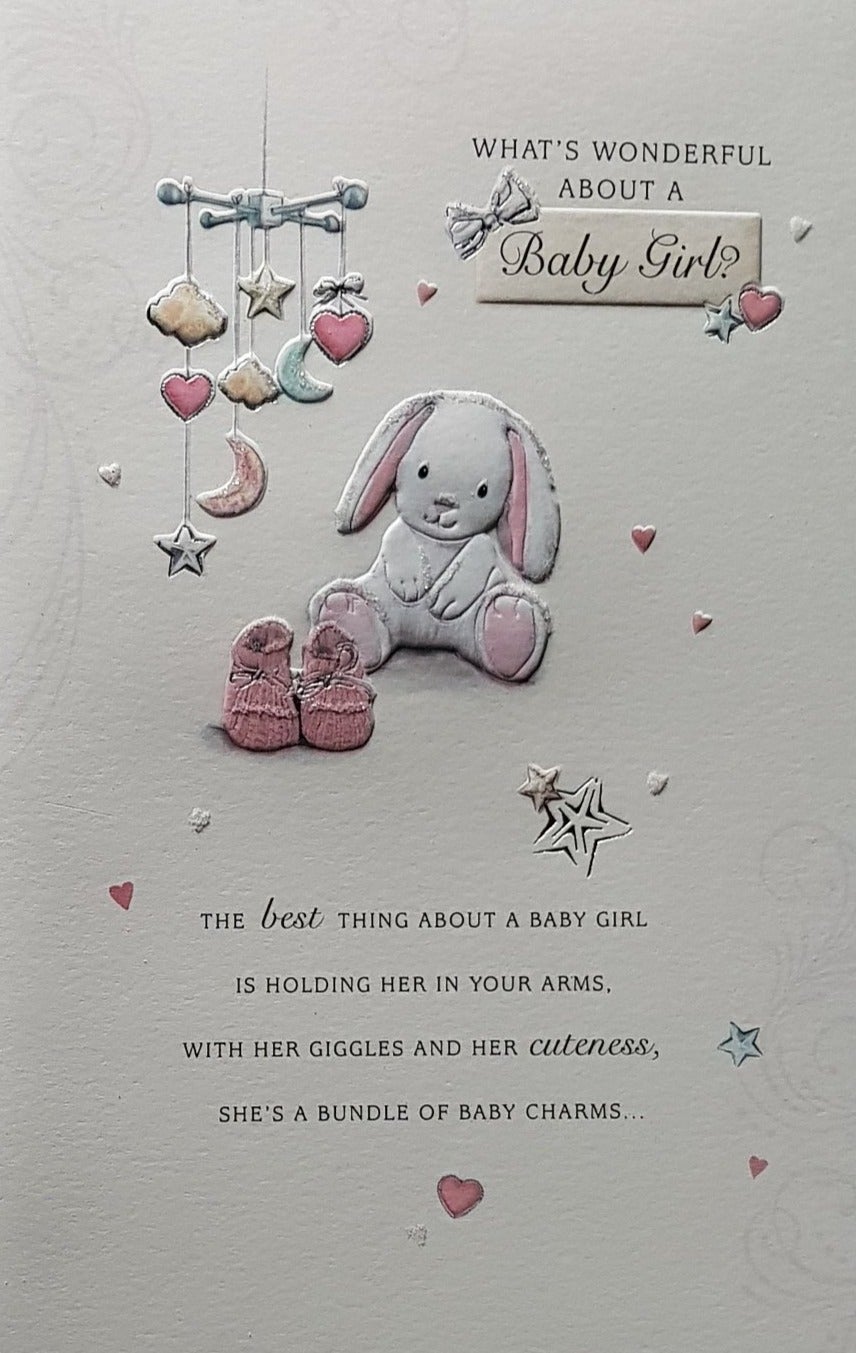 New Baby Card - Girl / Pair Of Pink Shoes Standing In Front Of Baby Elephant