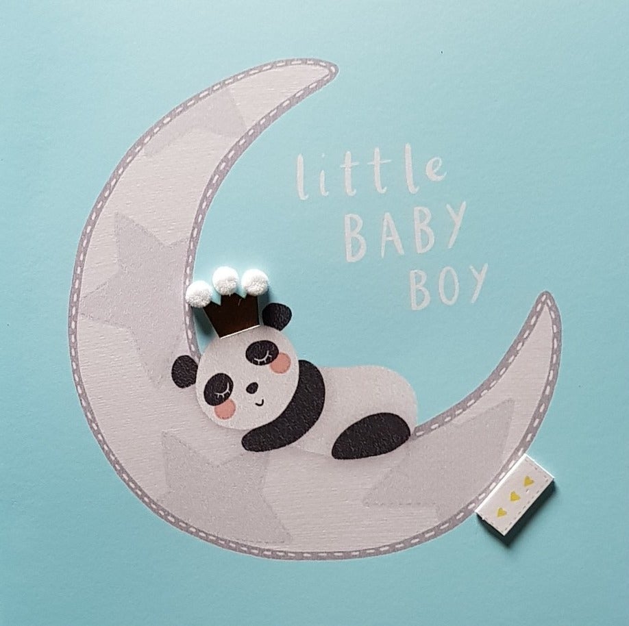 New Baby Card - Boy / King Panda Bear Is Slipping On The Moon