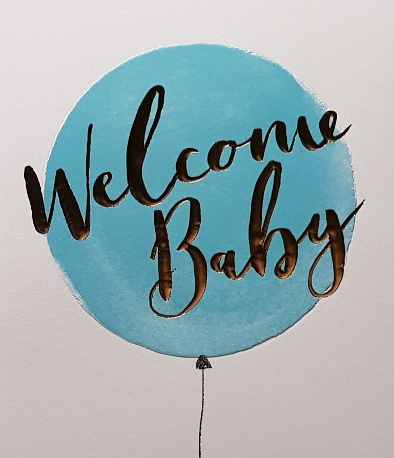 New Baby Card - Boy / A Blue Balloon & A Gold Font