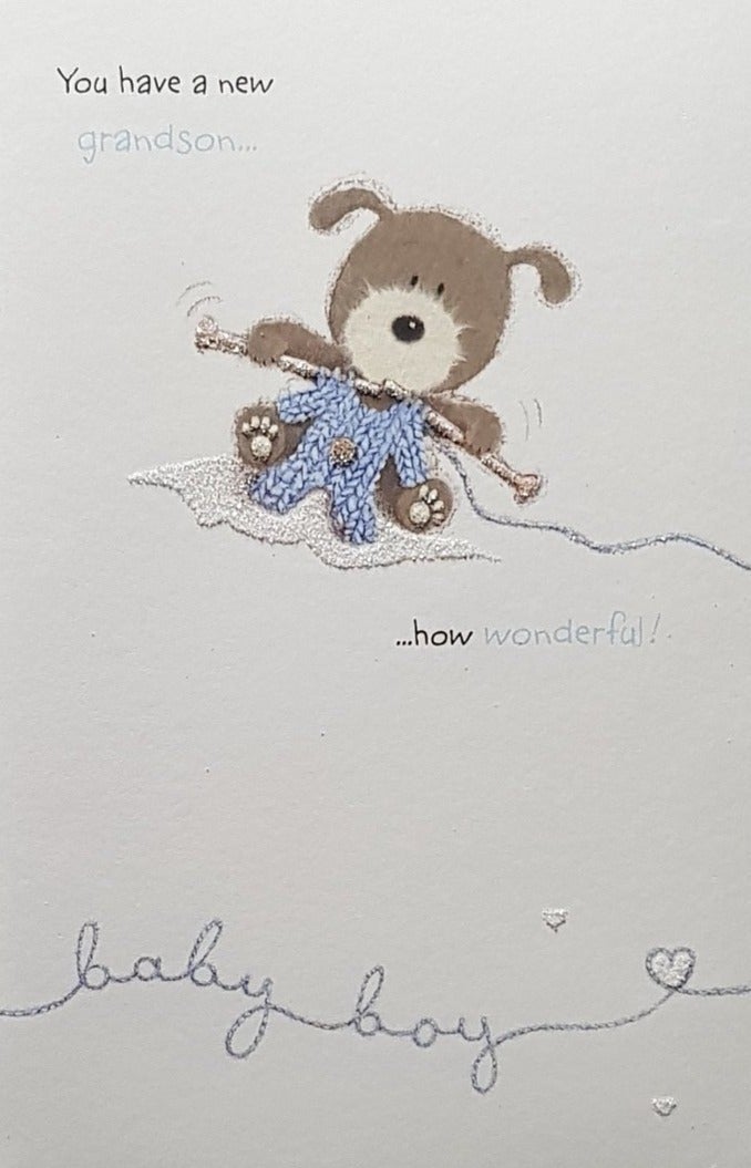 New Baby Card - Grandson /  Lovely Teddy Knitting A Blue Vest