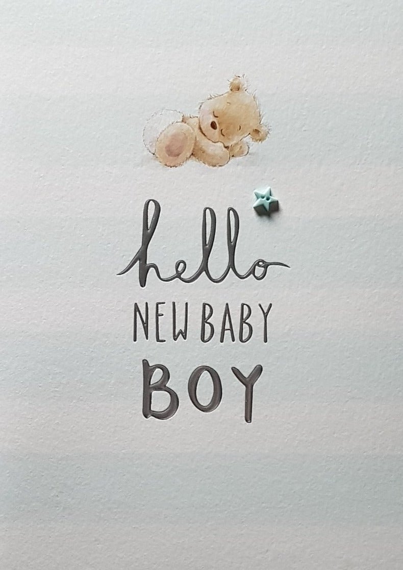 New Baby Card - Boy / Slippy Teddy & A Blue Star-Shaped Button