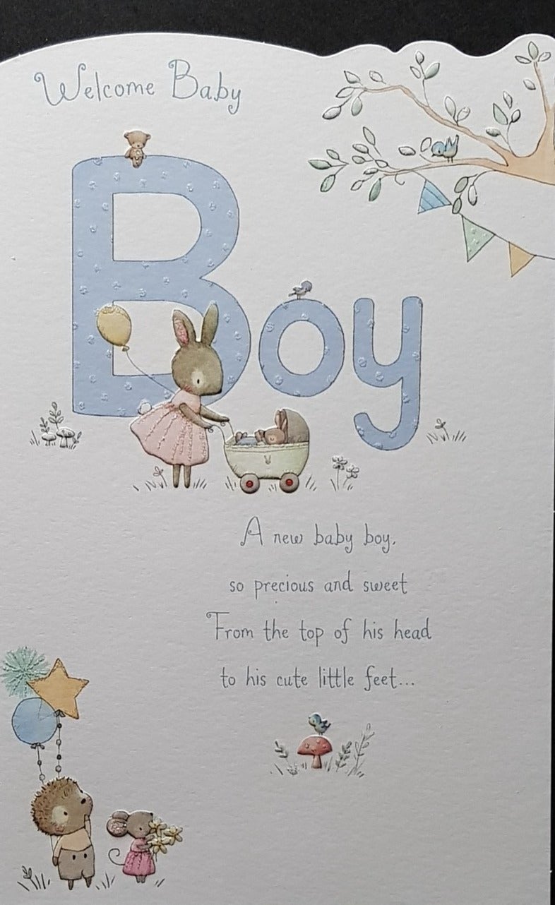 New Baby Card - Boy / Bunny Holding A Yellow Balloon And Taking Care Of Little One