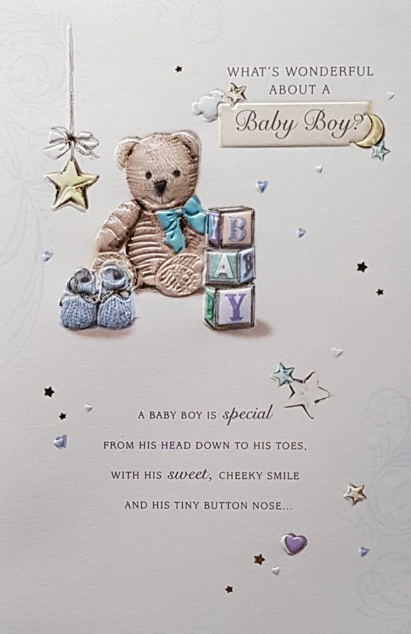 New Baby Card - Boy / Pair Of Blue Shoes Standing In Front Of Sitting Baby Teddy
