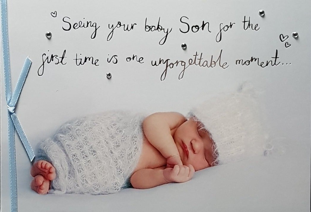 New Baby Card - Boy / Blue Bow & Sleeping Little One Wears White Hat
