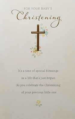 Christening Card - General / 'Special Blessings' & A Golden Cross And Flowers