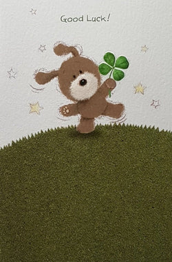 Good Luck Card - 'Good Luck' / A Dog Holding A Clover