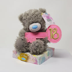 Birthday Gift - Soft Toy / Age 18 - Cute Grey Teddie Holding A Pink Key Numbered 18