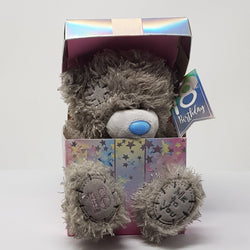 Birthday Gift - Soft Toy / Age 18 - Cute Grey Teddie Sitting In A Box With Blue Label Numbered 18