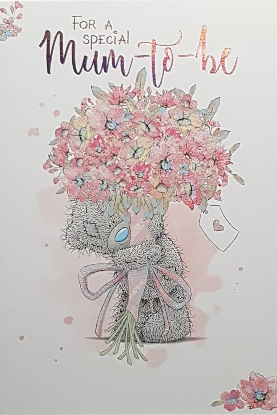 Mum To Be Card - A Teddy Holding A Bunch Of Pretty Flowers