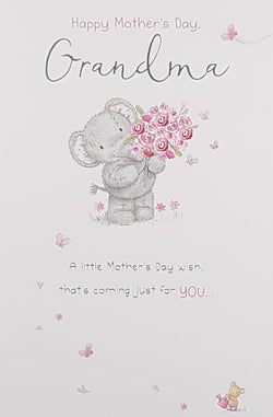 Grandma Mothers Day Card - Teddy Elephant Holding Pink Roses