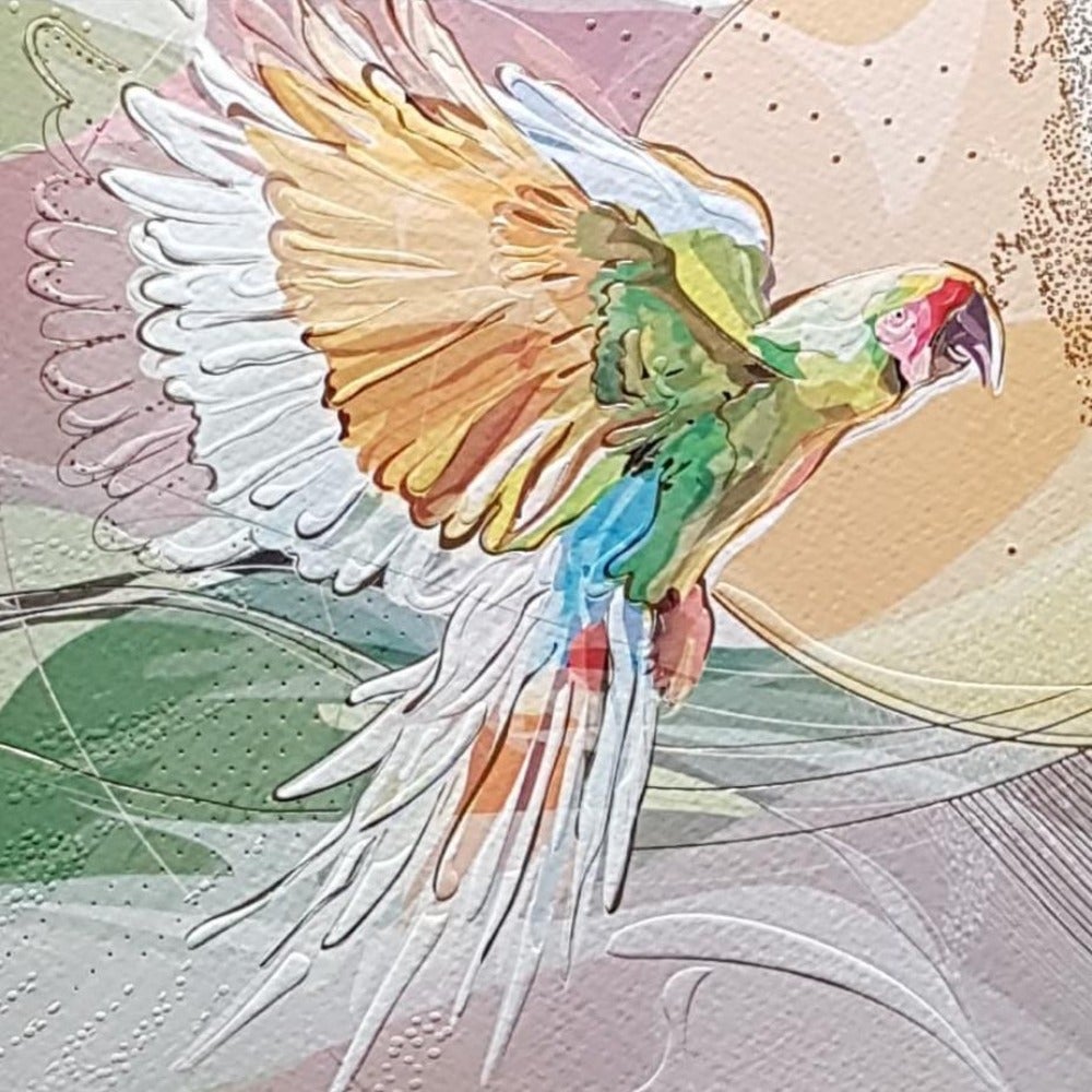 Blank Card - A Multicoloured Parrot & Artistic Background