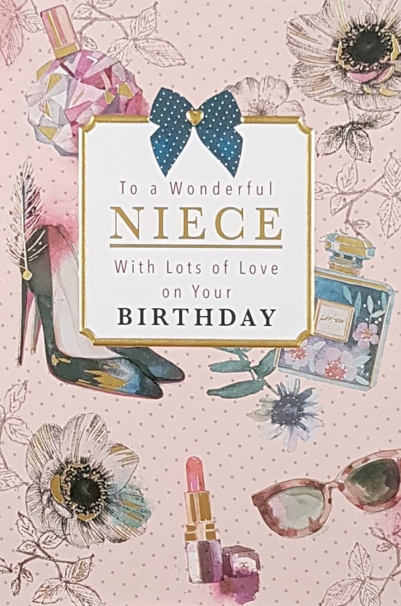 Birthday Card - Niece / A Pink Perfume Bottle & A Blue Bow