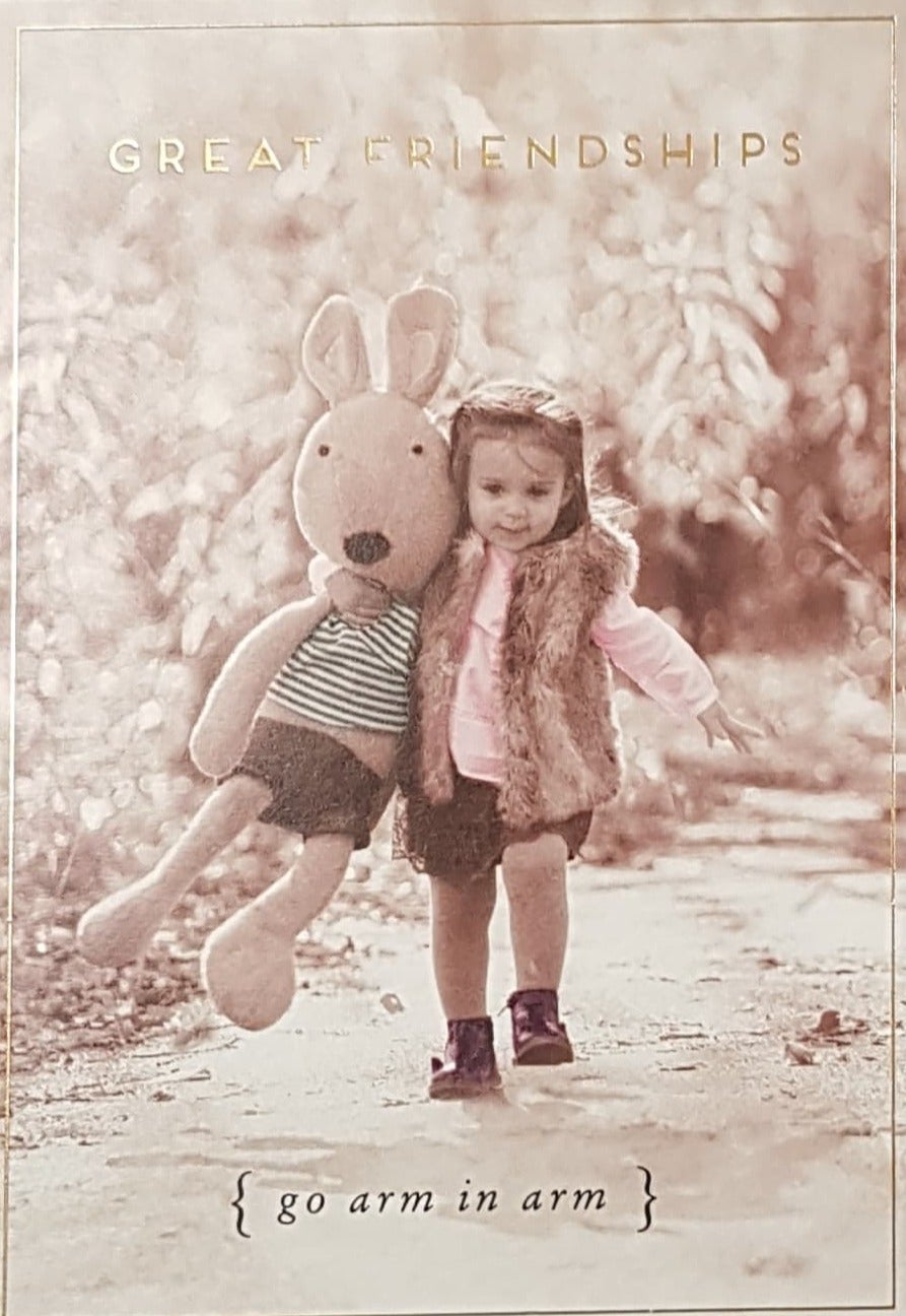 Birthday Card - Friend / A Little Girl Carrying A Large Bunny Teddy